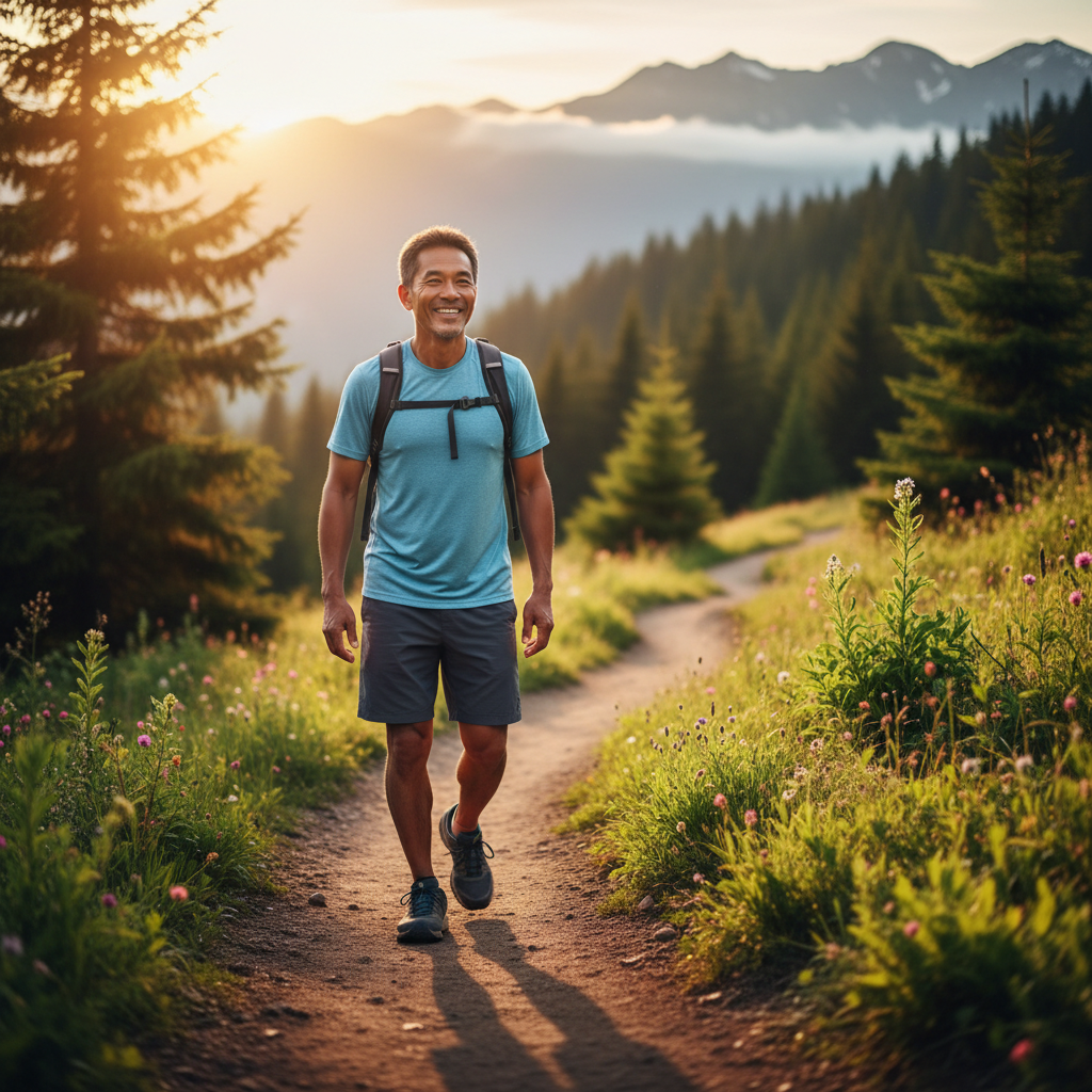Pria paruh baya yang aktif dan sehat berjalan di alam terbuka dengan senyum percaya diri