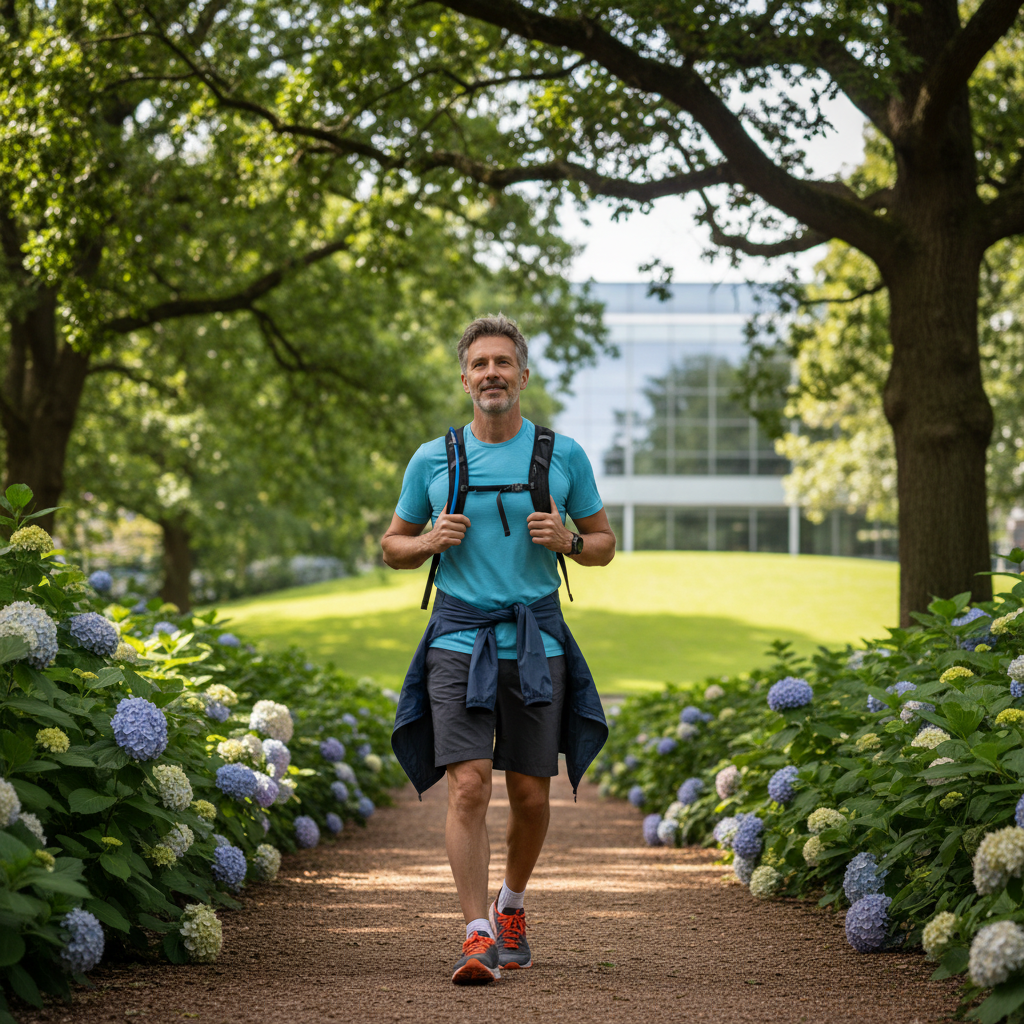 Pria paruh baya aktif berjalan santai di taman dengan ekspresi percaya diri dan segar