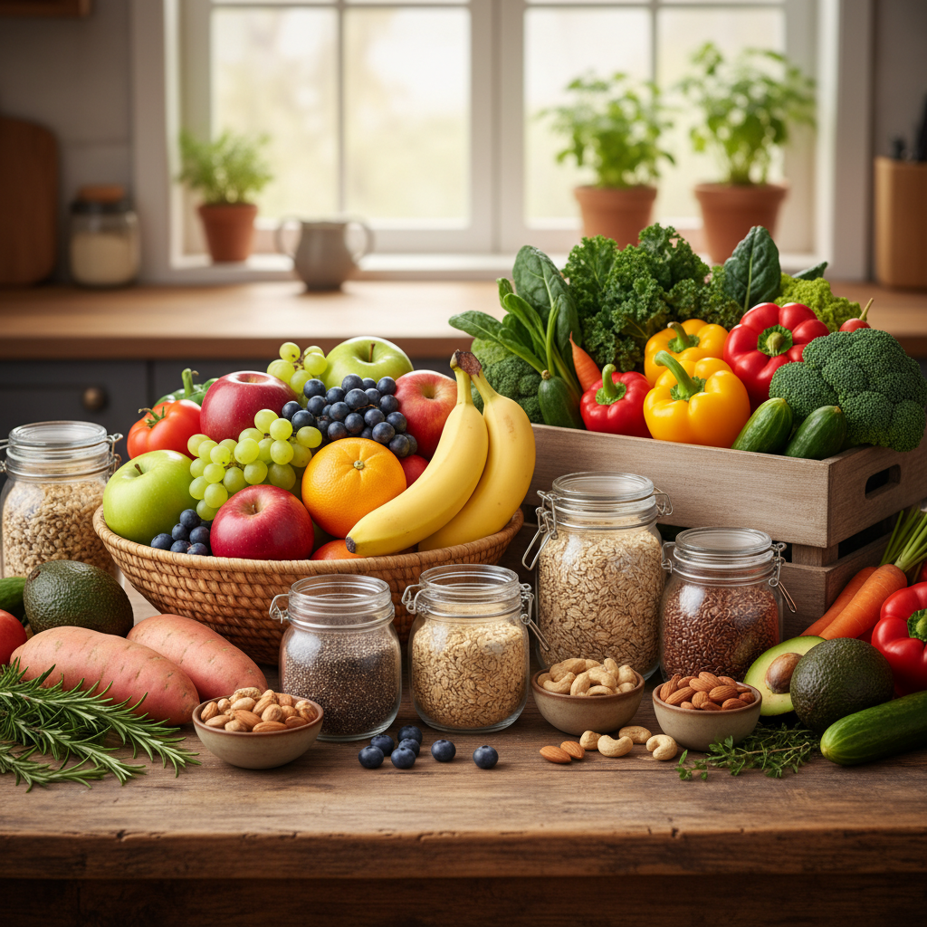Berbagai buah-buahan segar, sayuran, dan biji-bijian alami yang kaya nutrisi tersusun di atas meja kayu