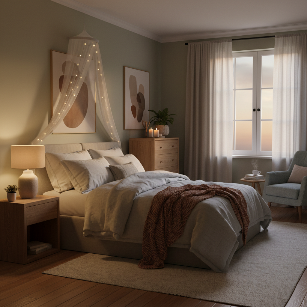 Suasana kamar tidur yang tenang dengan pencahayaan hangat dan lembut, menggambarkan lingkungan tidur yang nyaman