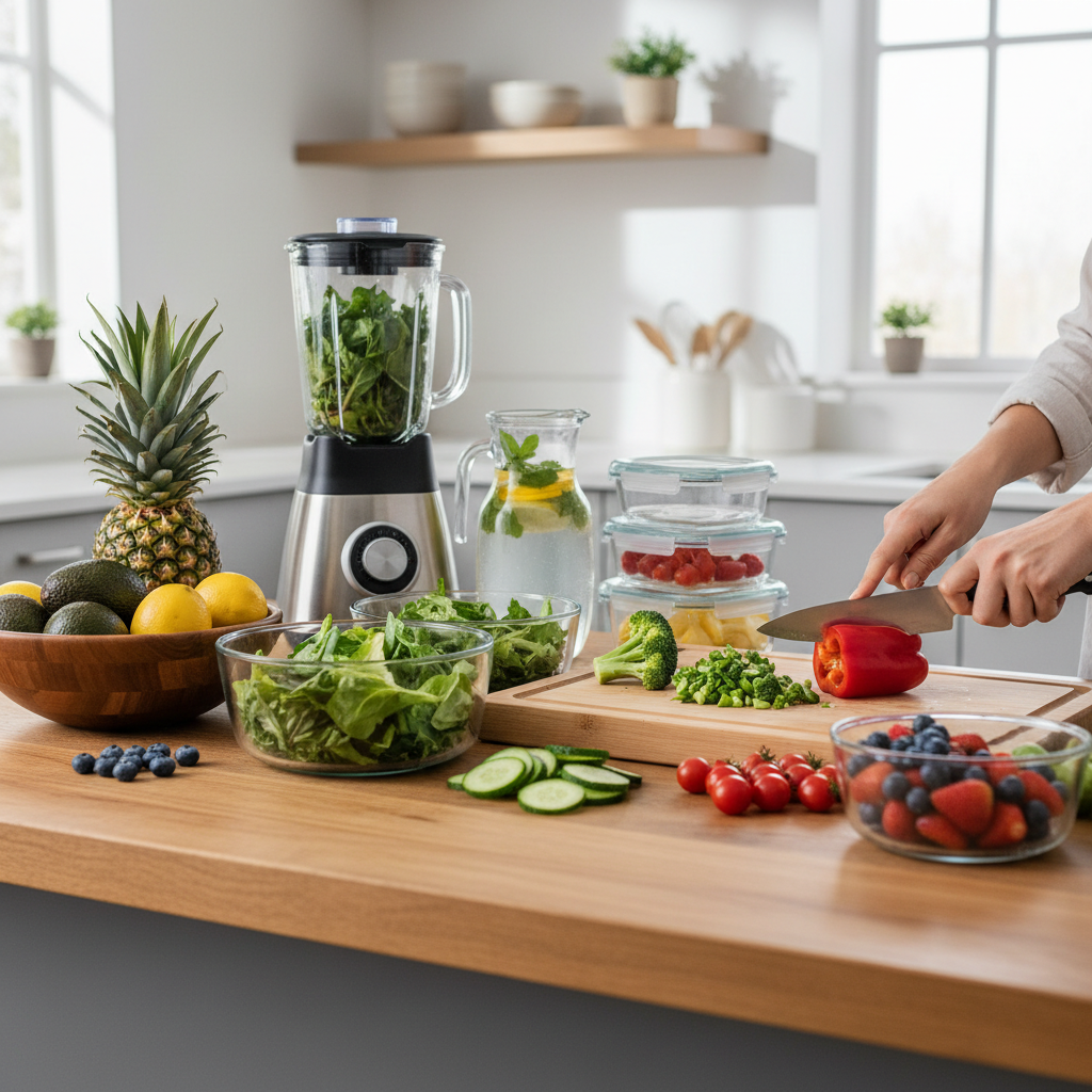 Persiapan makanan sehat dengan sayuran dan buah segar di dapur