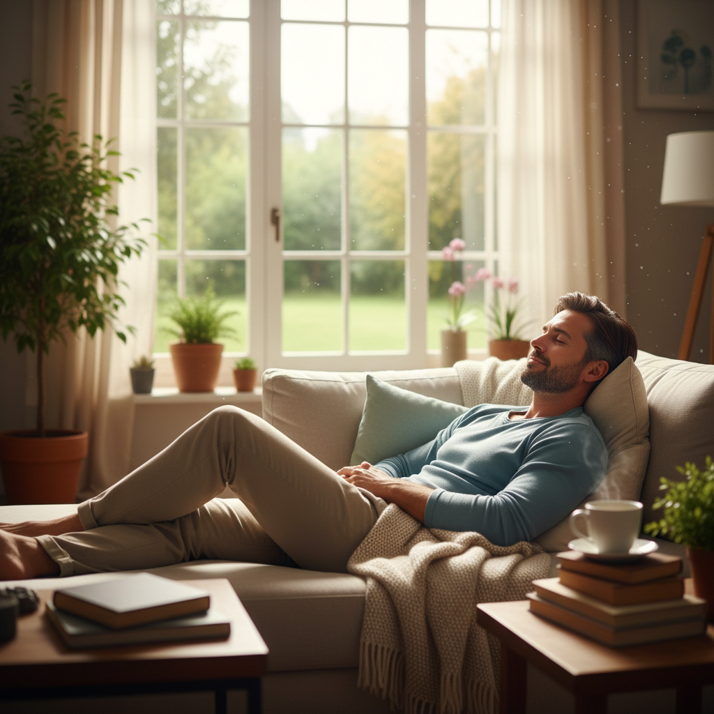 Pria beristirahat dengan nyaman di lingkungan yang tenang